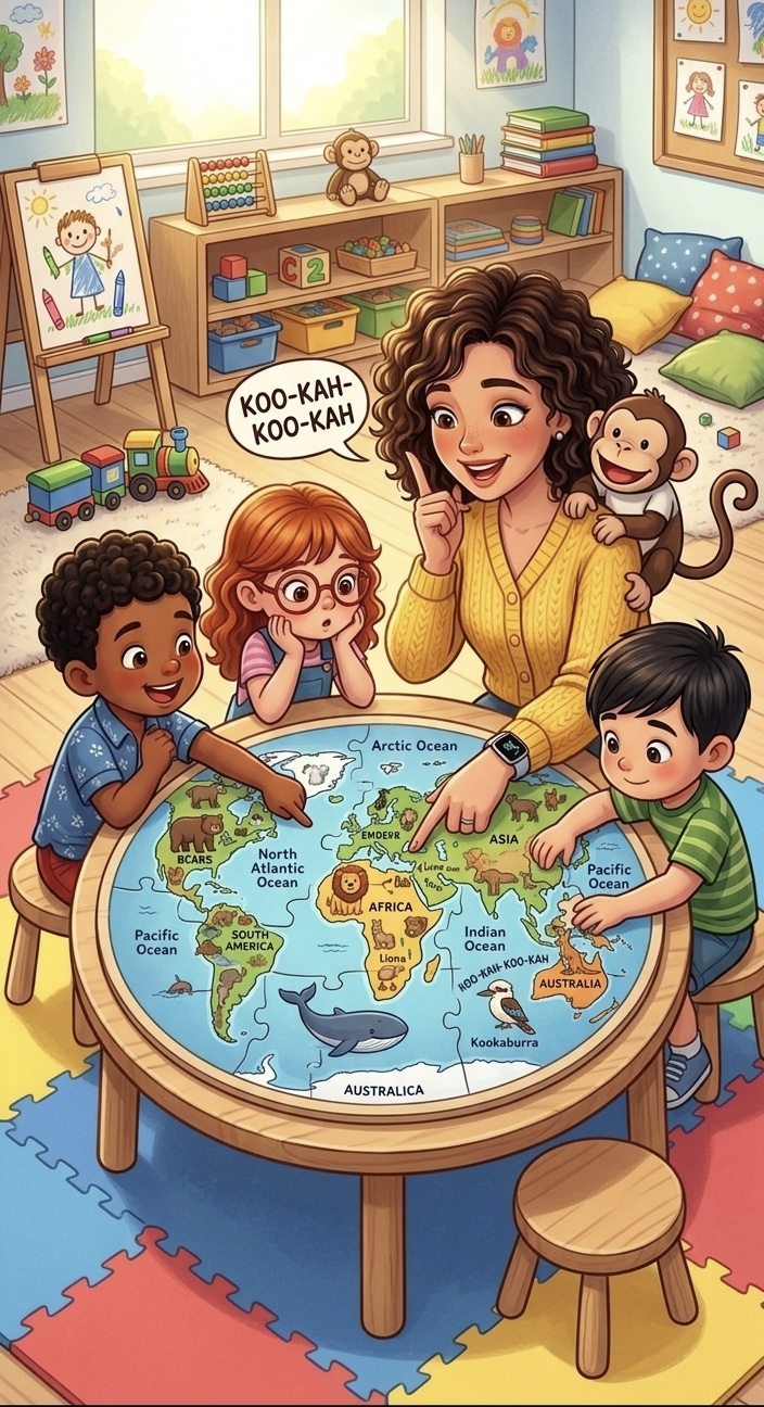 Niños explorando el mundo con mapa mundi y Miss Lina - Geografía divertida