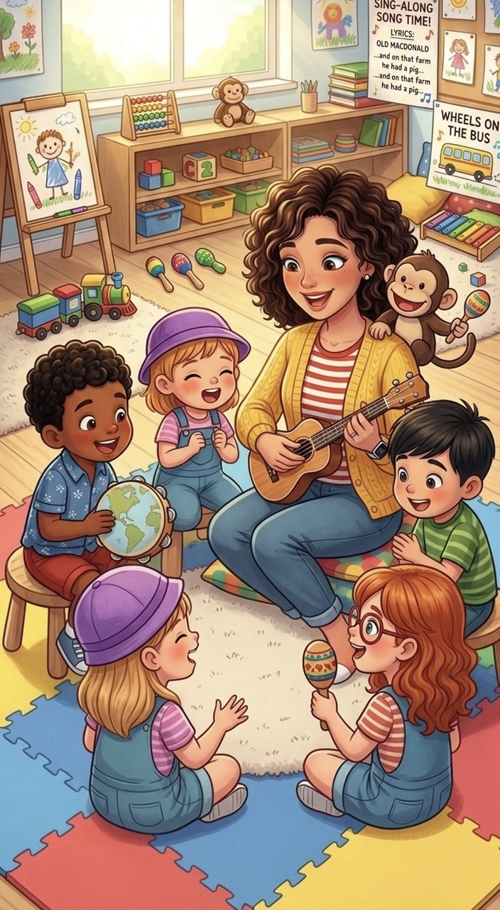 Niños tocando instrumentos musicales en el suelo - Clases de música Miss Lina